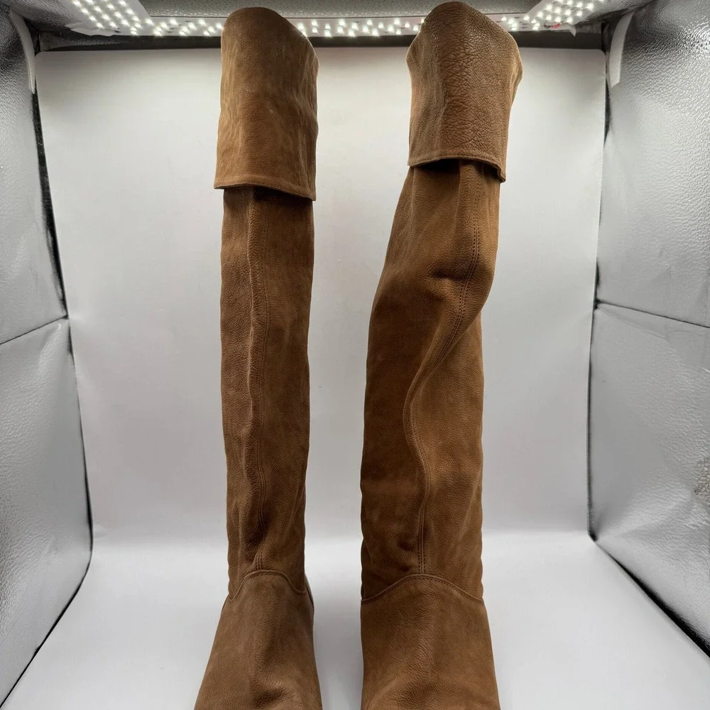Over The Knee Boots Womens 38 Tan Brown Leather Flat Fold Over Cuff Italy